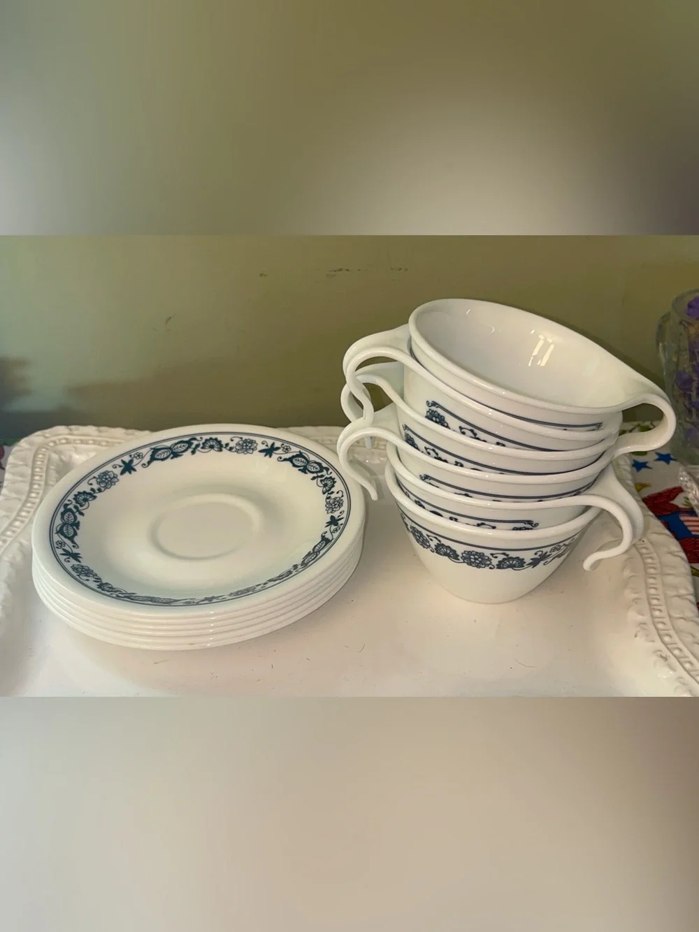 Vintage Corelle Old Town Blue Hook-Handle Cup and Saucer Set -set of 6